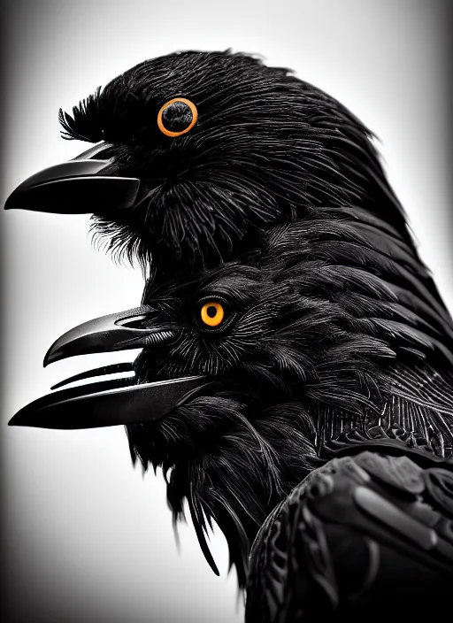 Image similar to a stunning young female crow mixed cyborg profile face, face is made intricate tribal bio - mechanical, editorial photography, bw, shot on 7 0 mm, depth of field, f / 2. 8, high contrast, 1 6 k, volumetric lighting, shiny, insanely detailed and intricate, hypermaximalist, elegant, ornate, hyper realistic, super detailed