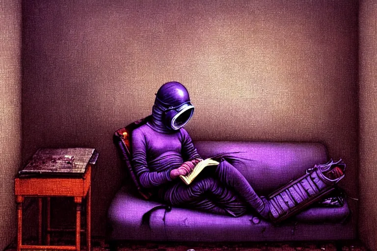 Image similar to girl with wearing a gas mask lying on the sofa reading a book in her room, in the style of beksinski, intricate and epic composition, purple by caravaggio, insanely quality, highly detailed, masterpiece, purple light, artstation, 4 k