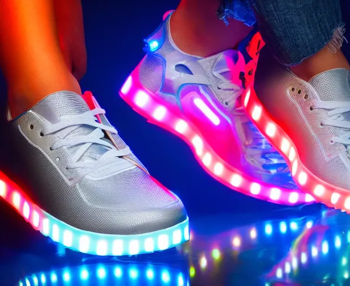 Image similar to generative design sneakers with led skin in the style of cyberdog, product shot, dynamic neon lighting