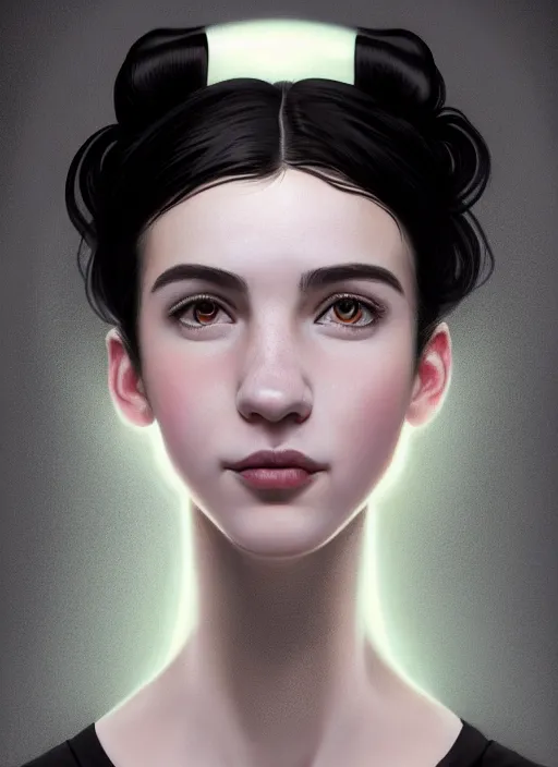 Image similar to portrait of white teenage girl, narrow face, short black hair and eyebrows, bangs, half updo hairstyle, buck toothed smile, unattractive, defined jawline, long chin, wearing hair bow, intricate, elegant, glowing lights, highly detailed, digital painting, artstation, sharp focus, illustration, art by wlop, mars ravelo and greg rutkowski