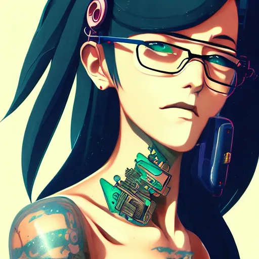 Prompt: portrait of a cyberpunk tattooed barmaid, anime, artstation, elegant, highly detailed, digital painting, concept art, smooth, sharp focus, illustration, art by studio ghibli, fujita goro, atey ghailan, tom whalen, jean giraud 8 k