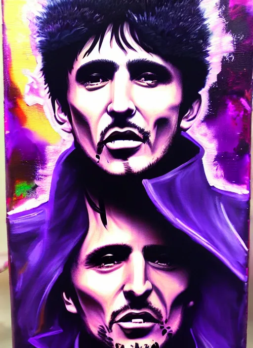 Prompt: photorealistic glamour necro science acrylic painting of tony montana in a style of cyberpunk delivery club, in salvia divinorum, made in abyss