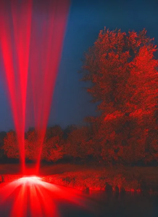 Prompt: photography at night of an ethereal red pond, a central sunlight glare, mystical lights, cyber futuristic lights in the sky, masterpiece, epic, cinematic, hyperealistic photo, high detailed, flashlight at night