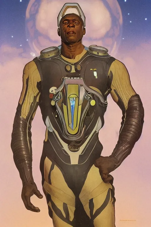 Image similar to upper body portrait of giant african man with a muscular neck wearing a scifi dune spacesuit, nebula in the background, illustration by normal rockwell and alphonse mucha, artstation character concept art