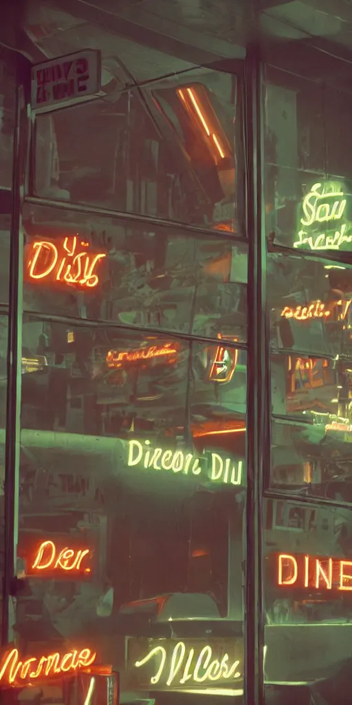 Prompt: vertical movie frame 6 0's retro diner interior, neon - decorated urban on night in the city seen through the window, modern interior design, architectural design, vintage, night blade runner, dark, postapocalyptic, clean lines, 4 k, octane, miyazaki film, lunarcore city seen at distance outside, big windows, octane, wide angle