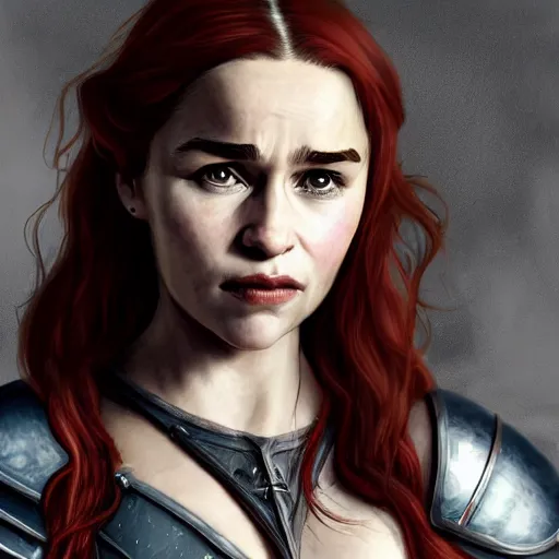 Image similar to emilia clarke, as a medieval fantasy character, with dark reddish hair, wearing light, silver armor and red clothing, tan complexion, holding a longsword, determined expression, noble, cinematic, dark, realistic, digital art, 8 k