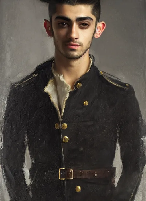 Prompt: head and shoulders portrait painting of young man who looks like zayn malik as an elf by jeremy mann, wearing leather napoleonic military style jacket, only one head single portrait, pointy ears