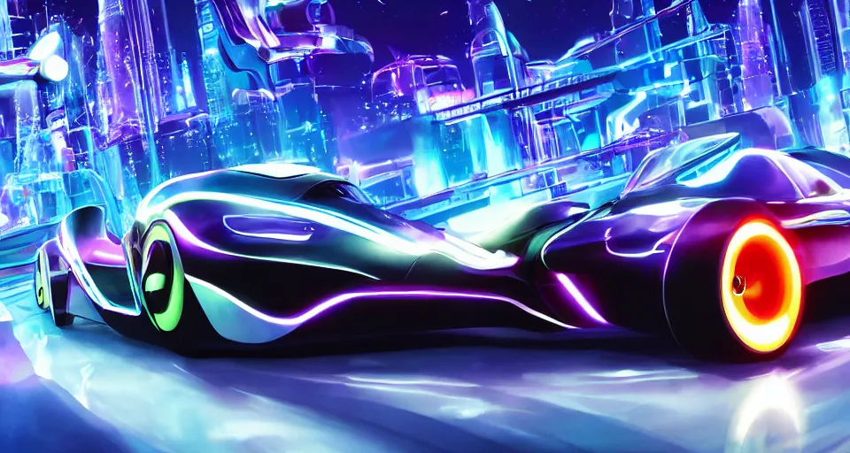 Image similar to dream tron tesla light cycle race, hot wheels, wipe out, hyper realistic, concept art, smooth, high contrast, volumetric lighting, octane, raytrace, syd mead, artgerm, jim lee,