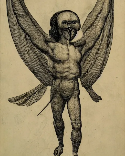 Image similar to human - eagle creature with one big beak, drawn by da vinci
