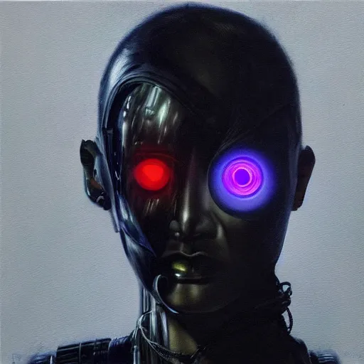 Image similar to hyperrealism oil painting portrait of cyberpunk cyborg fashion model with glowing eyes