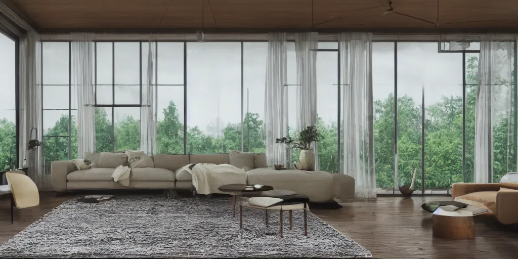Image similar to a beautiful modern living room, large windows with a beautiful view of a forest, an area rug, realistic, hd, 8 k, digital rendering, unreal engine, blender, octane, maya