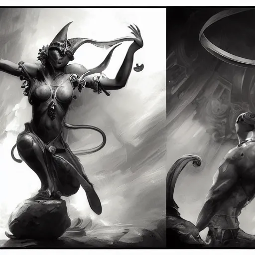 Prompt: highly detailed beautiful black and white photography of a tiefling, sharp focus, dynamic lighting, elegant harmony, beauty, masterpiece, by riccardo federici, by craig mullins, by greg tocchini, by greg rutkowski