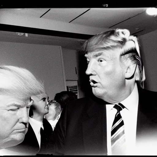 Image similar to polaroid photograph of donald trump meeting aliens, black and white, blurry