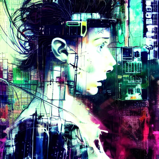 Image similar to a young punk woman lost in a cyberpunk noir glitchcore world of wires, and machines, by jeremy mann, francis bacon and agnes cecile, and dave mckean ink drips, paint smears, digital glitches glitchart