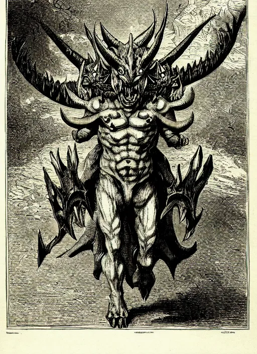 Prompt: illustration of greymon as a demon from the dictionarre infernal, etching by louis le breton, 1 8 6 9, 1 2 0 0 dpi scan, ultrasharp detail, clean scan