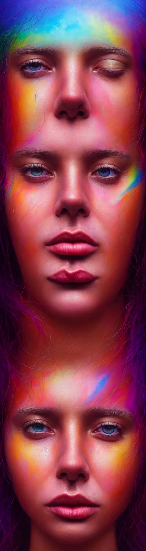 Prompt: hyperrealistic close-up psychedelic portrait of pretty girl! peaceful aura and soul of heaven highly detailed concept art eric zener elson peter, Leng Jun, DMT, epic cinematography, rainbow golden ratio, lighting high angle hd 8k sharp shallow depth of field, inspired by Zdzisław Beksiński and Pablo amaringo