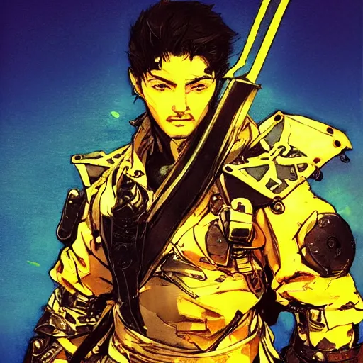 Prompt: portrait of a hero holding his sword in front of his face by yoji shinkawa, high quality, extra details, realism, ornate, colored, golden chain, blood, white skin, short hair, colorful, futuristic, war