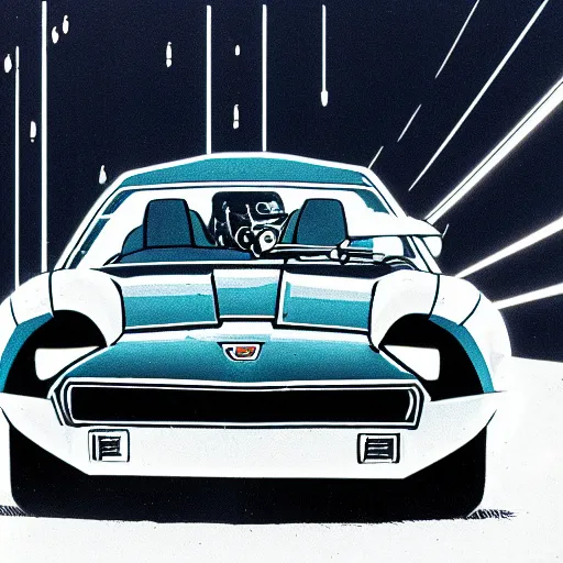 Image similar to a tardigrade driving a trans am, 1 9 8 3, miami, nighttime, synthwave, detailed,