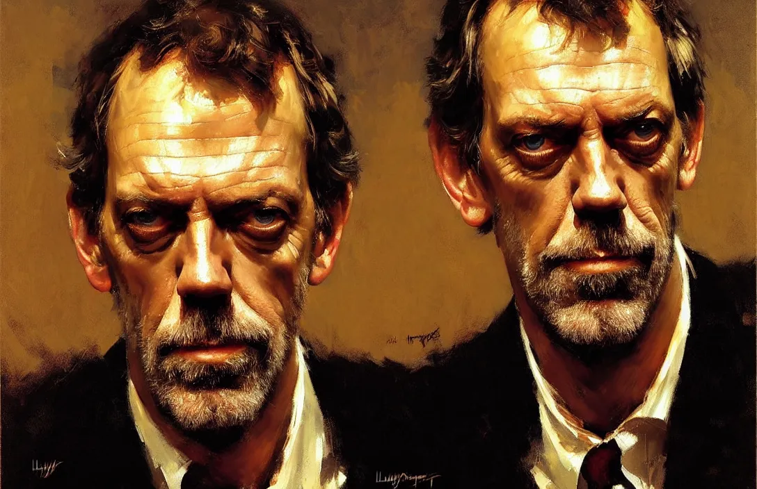 Image similar to portrait of hugh laurie!!!!!!!!!!!!!!!!!!!!!!!!!!!, detailed face, detailed painting, epic lighting, by ilya repin, phil hale and kent williams