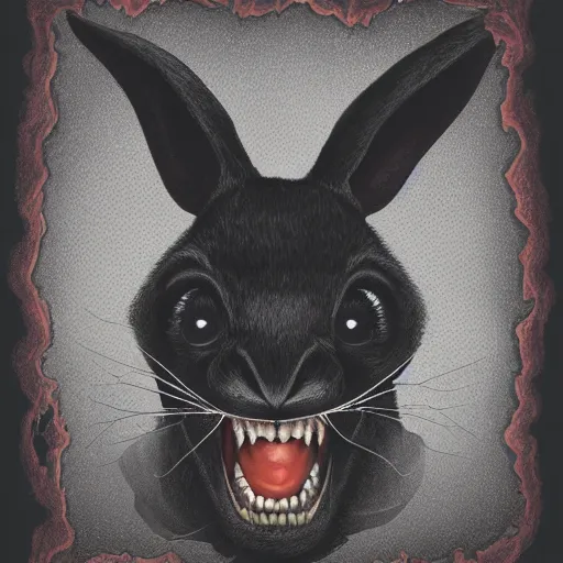 Image similar to A extremely highly detailed majestic hi-res beautiful, highly detailed head and shoulders portrait of a scary terrifying, horrifying, creepy black cartoon rabbit with scary big eyes, earing a shirt laughing maniacally , let's be friends, in the style of Walt Disney