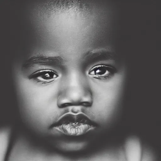 Image similar to the face of kanye west at 3 years old, portrait by julia cameron, chiaroscuro lighting, shallow depth of field, 8 0 mm, f 1. 8