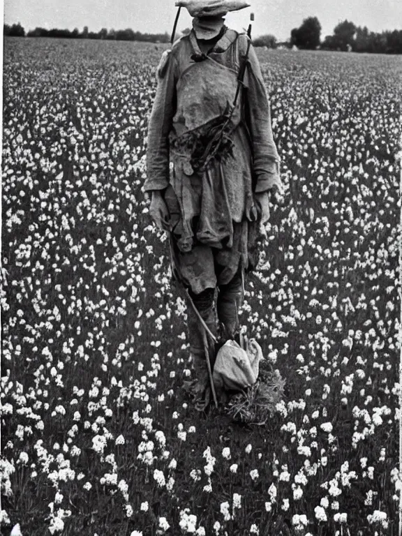 Image similar to human-like scarecrow wearing torn military clothes in beautiful meadow of flowers, ww1 photo, grainy, high detail, high resolution,