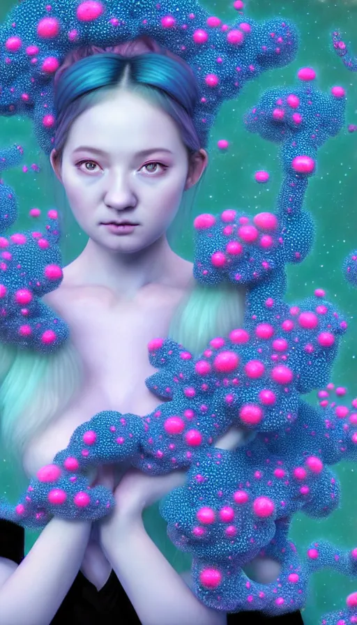 Prompt: hyper detailed 3d render like a Oil painting - kawaii portrait Aurora (Singer) seen Eating of the Strangling network of prussian blue and aerochrome and milky Fruit and Her delicate Hands hold of gossamer polyp blossoms bring iridescent fungal flowers whose spores black the foolish stars by Jacek Yerka, Mariusz Lewandowski, Houdini algorithmic generative render, Abstract brush strokes, Masterpiece, Edward Hopper and James Gilleard, Zdzislaw Beksinski, Mark Ryden, Wolfgang Lettl, hints of Yayoi Kasuma, octane render, 8k
