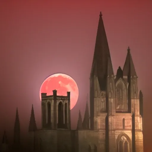 Image similar to a giant blood red full moon over a old cathedral. misty. volumetric light. moody