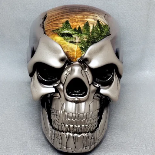 Image similar to very detailed and sophisticated terminator head with an open skull and a forest growing inside