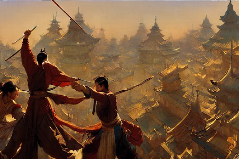 Image similar to wuxia, fight on the roof, painting by gaston bussiere, craig mullins, j. c. leyendecker