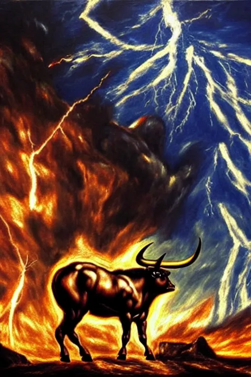 Prompt: oil painting of a minotaur standing in front of a city on fire, photorealism, photo-realistic, 4k, highly detailed,, dramatic lightning, by El Greco,