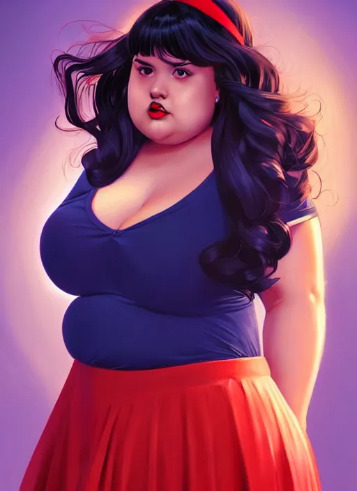 Image similar to full body portrait of teenage veronica lodge, obese, bangs, sultry, realistic, sultry smirk, wavy hair, red skirt, fat, belly, intricate, elegant, glowing lights, highly detailed, digital painting, artstation, concept art, smooth, sharp focus, illustration, art by wlop, mars ravelo and greg rutkowski