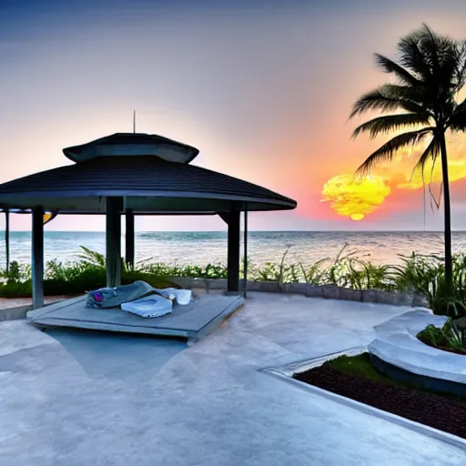 Prompt: modern beach - front house with a large gazebo, yard is full of flowers, sunset