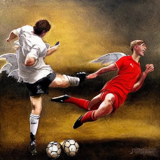 Image similar to soccer photography, goal keeper with wings, baroque painting