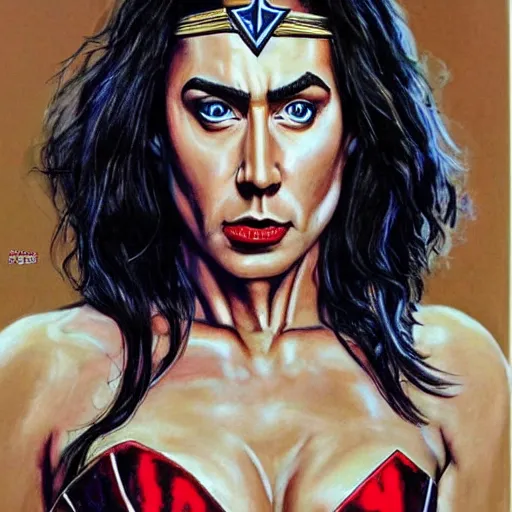 Image similar to nic cage as wonder woman, buff, painted portrait, highly detailed,