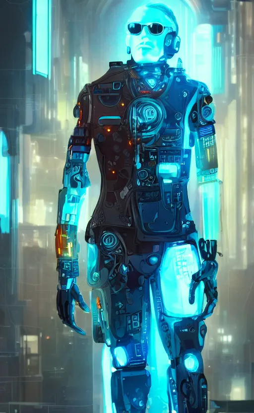 Prompt: a beautiful!! photo of a middle - aged!! bionic!! male!!, cyberpunk, augmented vision, volumetric light, photography, dystopian, extremely detailed, photorealistic!, stunning, digital art trending on artstation, orange, cyan, washed out colors