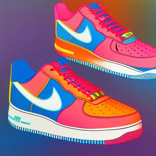 Prompt: retro futuristic colorful Nike Air Force 1 sneakers by syd mead