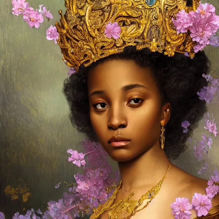 Image similar to highly detailed venetian rococo portrait of a black princess wearing a crown, golden jewels, pastel flowery background, volumetric lighting, flowers, realistic, symmetrical face, digital illustration, art by krenz cushart, alphonse mucha, kehinde wiley, artem demura