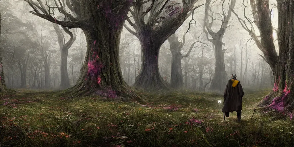 Prompt: an dark wizard of old walking through an open field with his staff in a beautiful forest towards his grey decayed ruined neoclassical tower of ancient neurons and pink and yellow glowing synapses running through the forest, huge incredibly immense trees, highly detailed, hyperrealism, cgsociety, 8k, ancient forest like fanal forest, misty forest, realistic painting, sharp image, hyper realistic art, cinematic, art by konstantin razumov, chiaroscuro