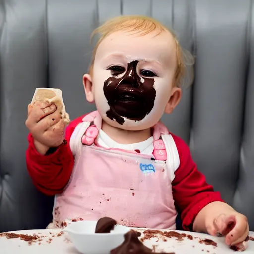 Image similar to a baby with donald trump's head sits in a highchair with chocolate pudding all over his face, gettyimages,