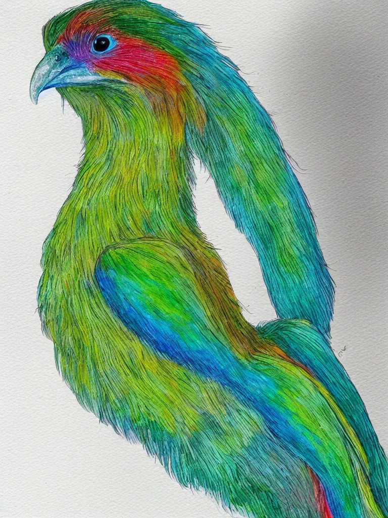 Image similar to A painting of a Resplendant Quetzal on a white background, watercolour, pastel colours,