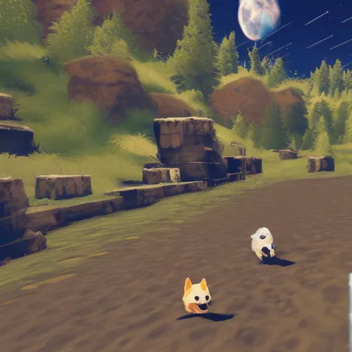 Prompt: Corgis in no man's sky in video game style