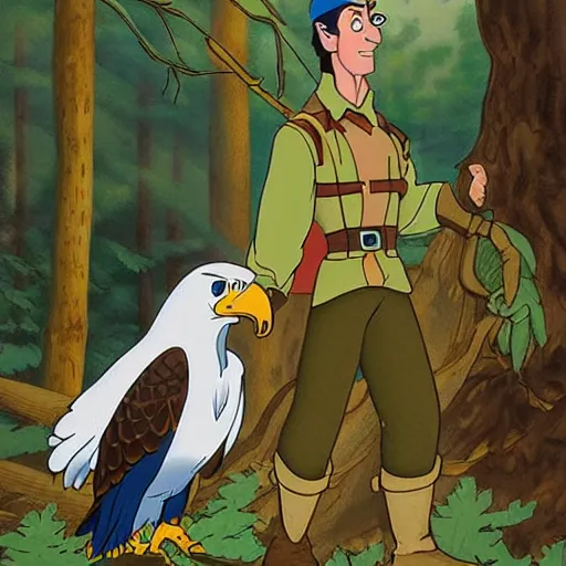 Image similar to eagle commander leading bird soldier in forest clearing, detailed, white, by don bluth