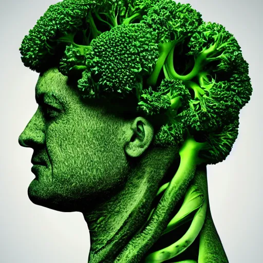 Image similar to portrait of a lean muscular human male made of broccoli florets