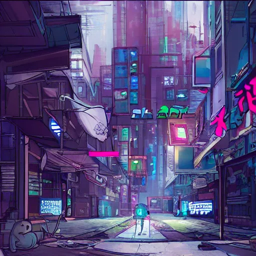 Image similar to concept art of video game about rabbit travelling through a cyberpunk city to find it's owners