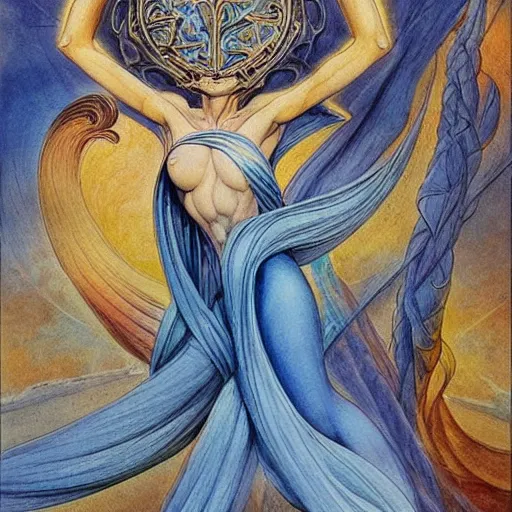 Prompt: most beautiful silk brethren, azure milieu of desert of reality, unhinged logos in the style of william blake, terese nielsen, detailed, intricate, beautiful faces, extremely detailed and aesthetic, steve argyle, pastoral fantastic reality