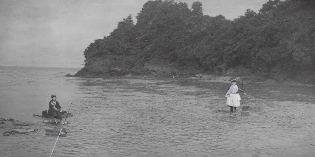 Prompt: a young edwardian woman fishing on a small beach, old yellowed black and white photograph