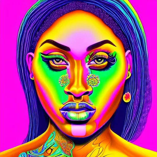 Image similar to an extremely psychedelic portrait of meg the stallion, surreal, lsd, face, detailed, intricate, elegant, lithe, highly detailed, digital painting, artstation, concept art, smooth, sharp focus, illustration