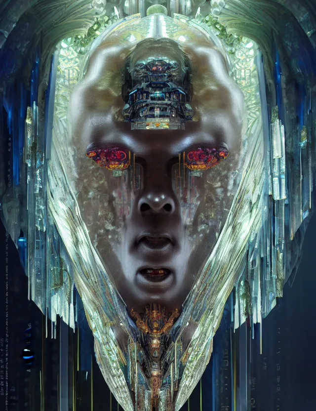 Image similar to asura from chinese myth, ghost, gorgeous and huge head ornaments, dystopian, cyberpunk, organic fractal mycelum and fungi, mecha, halfturn portrait of a big crystal face made of crystals half - turn, ominous, intricate, studio, art by anthony macbain + greg rutkowski + alphonse mucha, concept art, 4 k, sharp focus