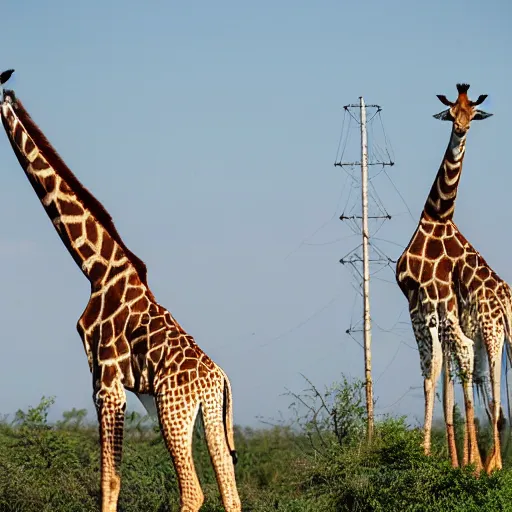 Prompt: A desperate giraffe working as transition line pole to make ends met. Power lines attached to the giraffe's ossicons.